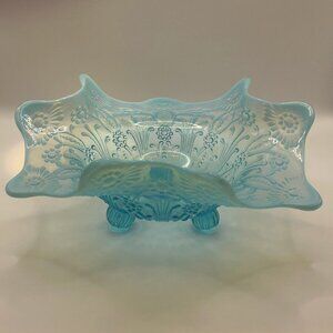 Antique Northwood Blue Opalescent Pearl Flowers Footed Bowl 9” Diameter